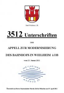 Unterschriftenliste zur Modernisierung des Bahnhofs Weilheim 2011