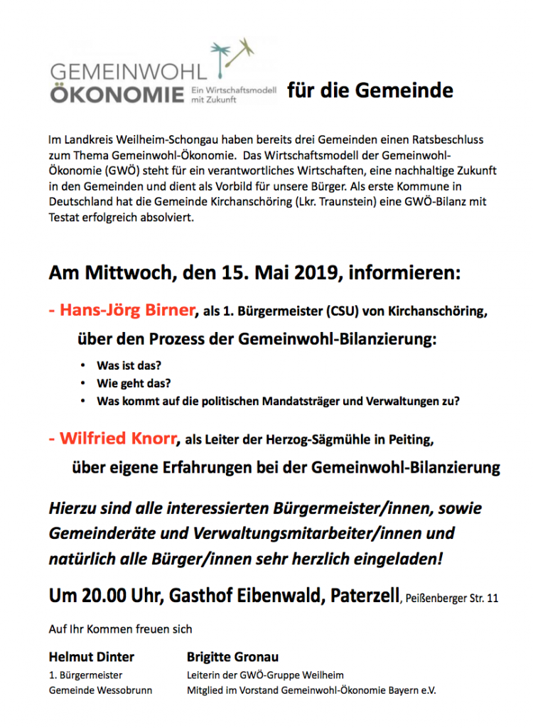 Vortrag GWÖ-Bilanzierungsprozess einer Gemeinde, 15.5.19 in Paterzell bei Weilheim.