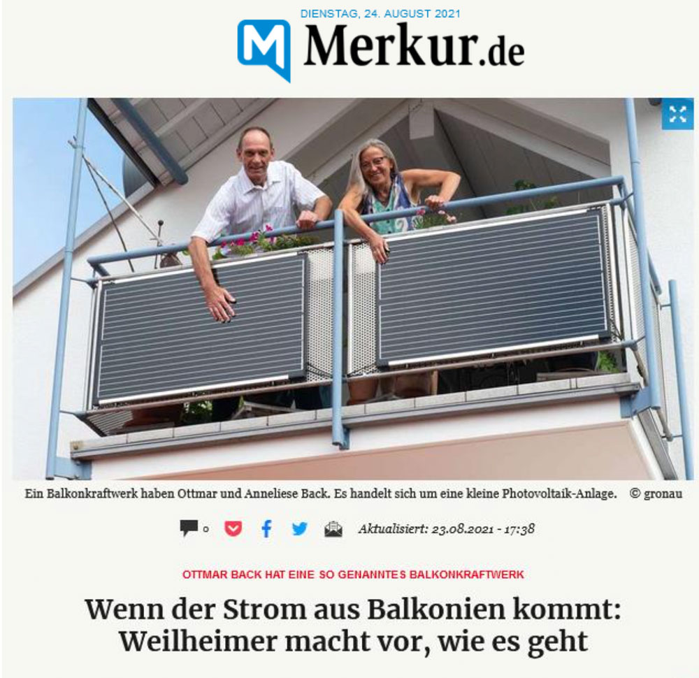 Ausschnitt Artikel Merkur-Weilheimer Tagblatt 24.8.21 zu Balkonkraftwerk von Backs