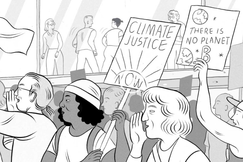 DemonstrantInnen für Klimagerechtigkeit – Illustration aus dem Dokumentarfilm "Der Laute Frühling".