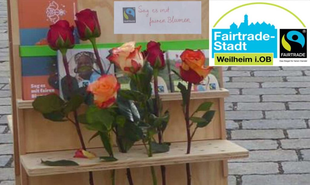 Faire Blumen Info-Stand in Fairtrade-Stadt Weilheim, März 2023